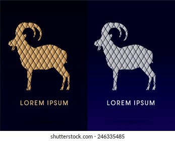 Goat,Big horn,standing,designed using silver and gold geometric,logo, symbol, icon, graphic, vector.