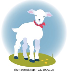 A goatling with a rad bow stands on the grass on a blue background