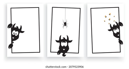 Goats behind frame picture, vector. Funny goat silhouette cartoon illustrations. Cute childish wall decals isolated on white background. Cartoon character art design. Wall art, artwork