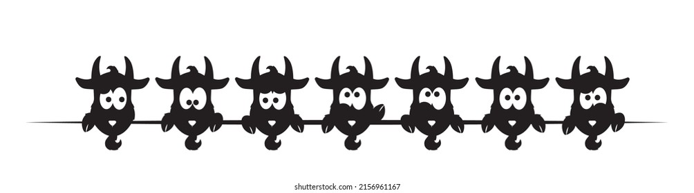 Goats behind the wall, vector. Goats silhouettes, funny illustration, cartoon character, children wall decals, kids wall artwork isolated on white background, minimalist poster design. 