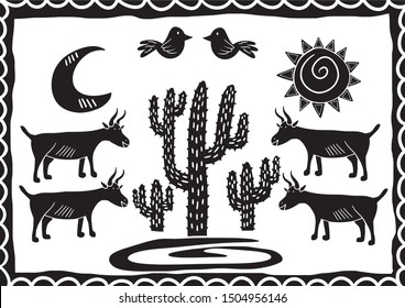 goats and birds that are in the cactus desert. illustration of cordel style