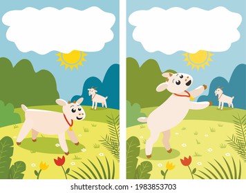 Goats frolic in the meadow. Sunny day. Illustration on the theme of ecology. Cheerful mood in the village. Farm postcard in the field. Bright sunshine and lots of greenery. Large and young animals. 