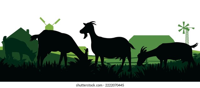 Ziegen weiden auf Weide. Bildsilhouette. Landtiere. Landschaft mit Bauernhaus. Tiere für Milch und Milcherzeugnisse. Einzeln auf weißem Hintergrund. Vektorgrafik.