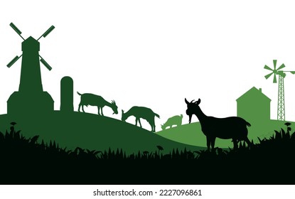 Goats grazing on pasture. Picture silhouette. Farm pets. Rural landscape with farmer house. Animals for milk and dairy products. Isolated on white background. Vector