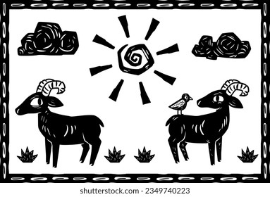 Goats grazing in the sertão scenery. Woodcut style and cordel literature.