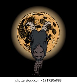 Goat's head and full moon in night halo. Creative concept for magic. Vector illustration.