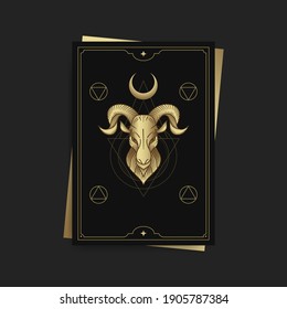 Goats Head With Horns In Tarot Cards, Decorated With Golden Clouds, Moon, Outer Space And Many Stars