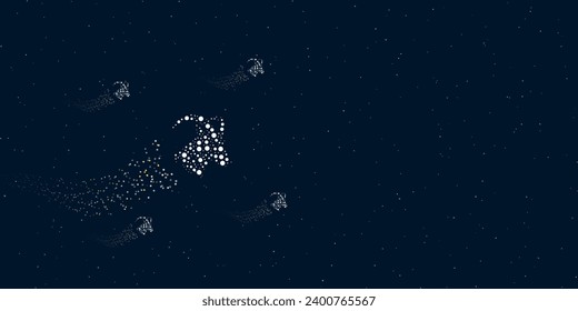 Un símbolo de cabeza de cabra lleno de puntos vuela por las estrellas dejando un rastro detrás. Hay cuatro pequeños símbolos alrededor. Ilustración vectorial sobre fondo azul oscuro con estrellas