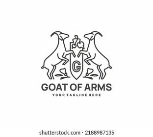 Goats in heraldry logo design. Coat of arms royal emblem shield with animal vector design. Luxury goat crest heraldry logotype