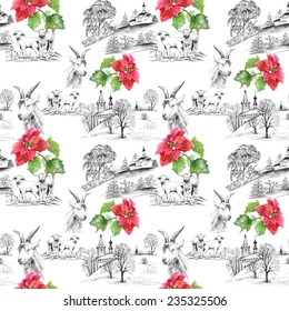 Goats and lambs on hills with red flowers seamless pattern on white background vector illustration