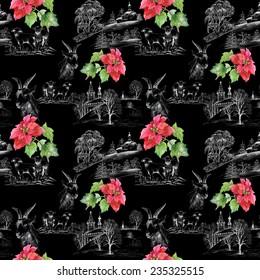 Goats and lambs on hills with red flowers seamless pattern on black background vector illustration