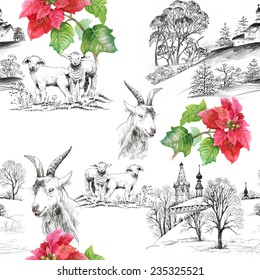 Goats and lambs on hills with red flowers seamless pattern on white background vector illustration