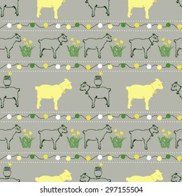 Goats on grey background seamless vector pattern