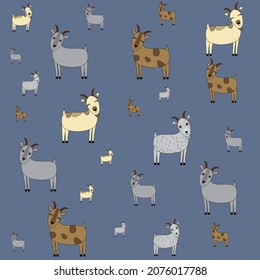 Goats pattern on a blue background. Cute animals