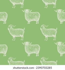 Cabras, rams, ovejas, fondo vectorial sin costura con animales grabados. Repitiendo fondo decorativo con animales de granja en el campo. Ruminante domesticado para impresión, papel, tarjeta, textil, diseño