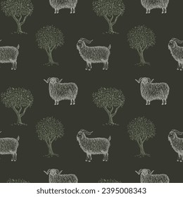 Goats, rams, sheeps seamless pattern vector background with engraved animals. Repeating decorative backdrop pastoral motive with farm animal in field. for print, paper, card, textile, design, wrapping