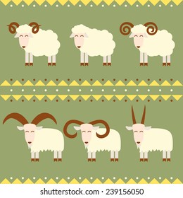 Goats and sheep with different horns vector illustration flat design isolated on white background - stock vector