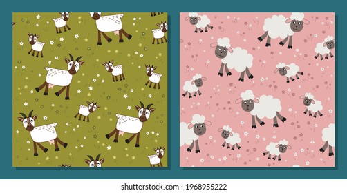 Goats, sheep in  the meadow - Vector Seamless pattern. Loop pattern for fabric, textile, wallpaper, posters, gift wrapping paper, napkins, tablecloths. Print for kids, children. Children's pattern