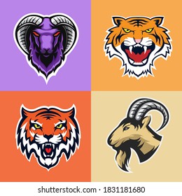 Goats and tiger e-sport logo. Mascots design vector illustration.