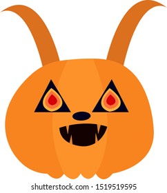 goat-shaped pumpkin with horns and sharp fangs. Halloween concept. non-standard object on a white background