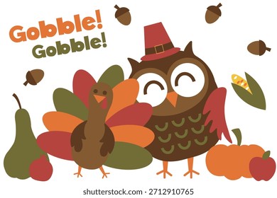 Gobble! Gobble! Süße Türkei und Eule. Vektorgrafik. Ernte Vektor Typografie für T-Shirts, Stickerei, Poster, Banner, Karten, Party-Dekor, Ballons