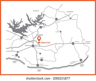 Gobeklitepe Map. Gobeklitepe, Sanliurfa  Turkey. Gobekli Tepe is an archaeological site in Sanliurfa, Turkey