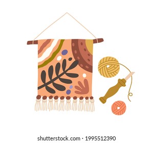 Gobelin tapestry hanging on stick. Traditional art of embroidered textile. Fancywork on fabric. Modern handwork. Flat vector illustration of handicraft isolated on white background