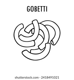 Gobetti pasta doodle food illustration. Hand drawn graphic print of short macaroni type of pasta. Vector line art element of Italian cuisine