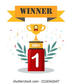 Goblet cup on podium. Winner award and prize. Cards, congratulatory poster or banner. Special offer for regular customers, competition, leadership and sport. Cartoon flat vector illustration