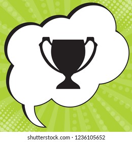 Goblet or cup. Vector. Black icon in speech bubble at popart yellow green background.
