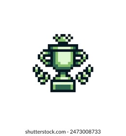 Goblet emblem, achievement pixel art icon,  design for logo, web, mobile app. Game tournament.  8-bit. Game assets. Isolated abstract vector illustration.