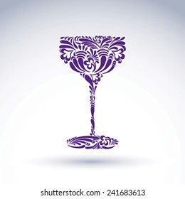 Goblet with floral pattern, relaxation and alcohol theme object. Sophisticated wineglass, romantic design element.