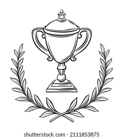 Goblet and laurel, outline label. Drawn monochrome trophy cup or sport award. Chalice winner, triumph first place and laurus, simple engraving style vector illustration.