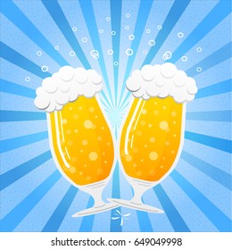 Goblet - mugs of beer on blue retro background. Vector illustration.
