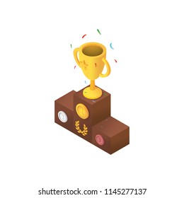 Goblet on winners podium. Victory, first place concept isometric vector illustration.