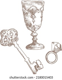 Goblet, Ring und Key Cartoon handgezeichnet Tinte Vintage Illustration Stil