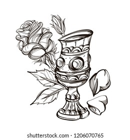 Goblet with rose. Outline vector illustration isolated on white background.