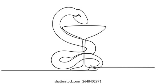 Goblet and Snake Pharmacy continuous one line drawing, Pharmacy Snake and Cup - Outline Icon - Pixel Perfect Sign, Medical snake emblem, Medical snake