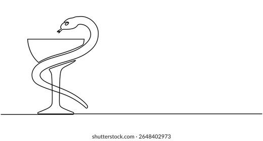 Goblet and Snake Pharmacy continuous one line drawing, Pharmacy Snake and Cup - Outline Icon - Pixel Perfect Sign, Medical snake emblem, Medical snake
