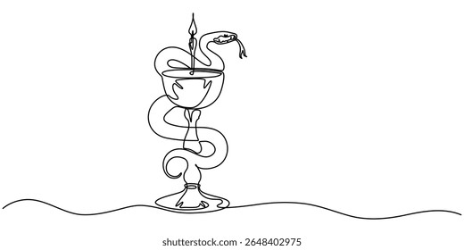 Goblet and Snake Pharmacy continuous one line drawing, Pharmacy Snake and Cup - Outline Icon - Pixel Perfect Sign, Medical snake emblem, Medical snake