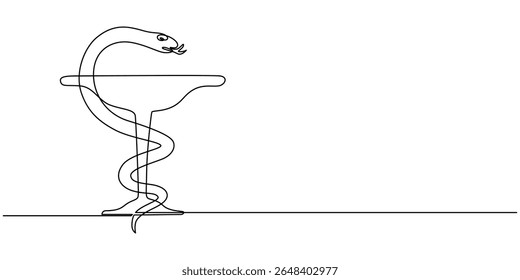 Goblet and Snake Pharmacy continuous one line drawing, Pharmacy Snake and Cup - Outline Icon - Pixel Perfect Sign, Medical snake emblem, Medical snake