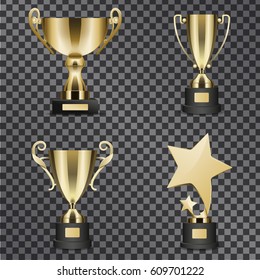 Goblets For Successful Contest Participation And Epic Win Vector Illustration. Golden Trophy Cups For Outstanding Sport, Music And Acting Achievements Isolated On Black Transparent Background.