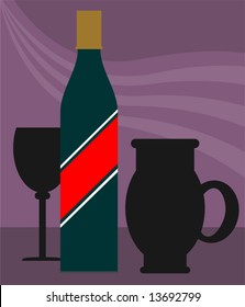 goblets of wine, wine bottle and beer mug on a table	
