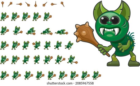 Goblin armed with a club. Game animated character in various poses. Idle state, walking, club throwing, falling. Game Sprite 