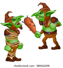 Goblin with a bludgeon. Tied with a rope goblin. Fantastic inhabitants of the forest. Vector illustration.