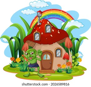 Goblin cartoon character with mushroom house  illustration