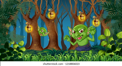 Goblin in the dark forest illustration