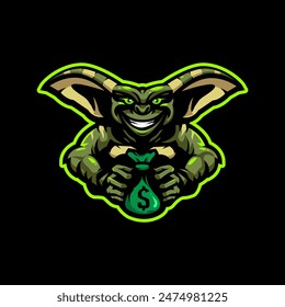 Goblin get money bag mascot logo illustration