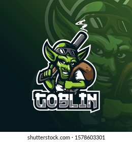 goblin mascot logo design vector with modern illustration concept style for badge, emblem and tshirt printing. smart goblin illustration with guns in hand.