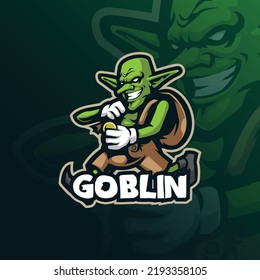 Goblin Mascot Logo Design Vector With Modern Illustration Concept Style For Badge, Emblem And T Shirt Printing. Smart Goblin Illustration With Coin In Hand.